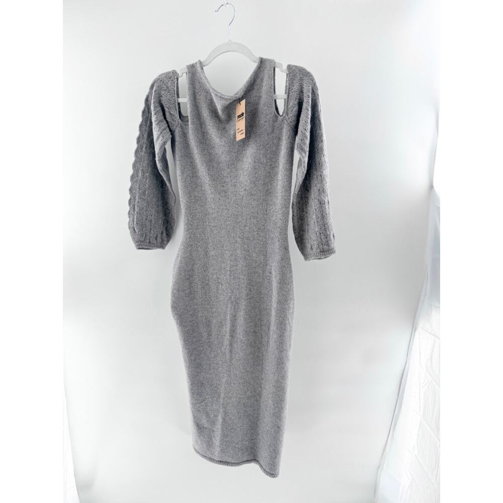 Devlin Cold Shoulder Puff Sleeve Knit Midi Sweater Dress Gray Women's Size XS/S